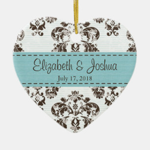 Personalisiertes Blau und Vintage Damast-Hochzeit Keramikornament