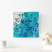 Personalisiertes Blau und Weiß für die Wasserfarbe Quadratische Wanduhr (Zuhause)