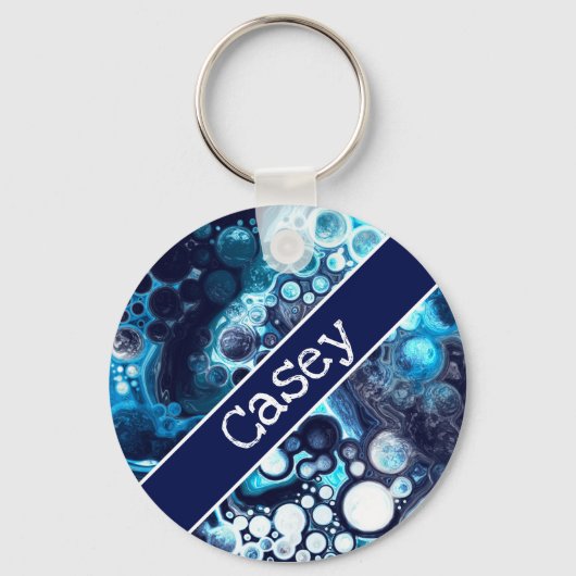 Personalisiertes Blau und Weiß-Marmor-Fluid Art Schlüsselanhänger (Vorderseite)