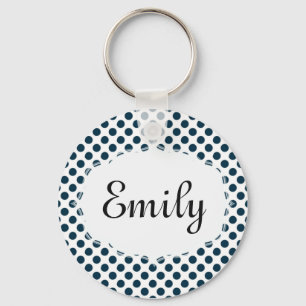 Personalisiertes Blau und Weiß Polka Dot Schlüssel Schlüsselanhänger