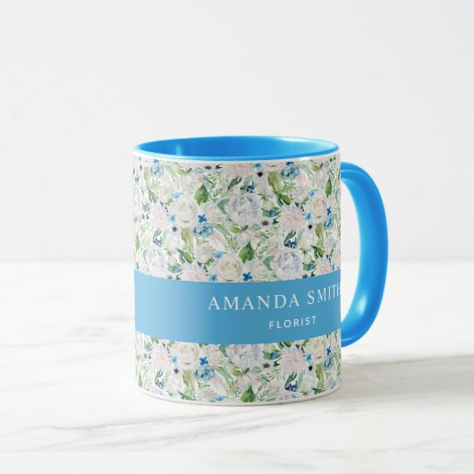 Personalisiertes Blau und Weiß Rose Elegante Flori Tasse (VorderseiteRechts)