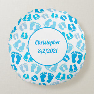 Personalisiertes blaues Baby-Jungen-Babyfüße-Rundk Rundes Kissen