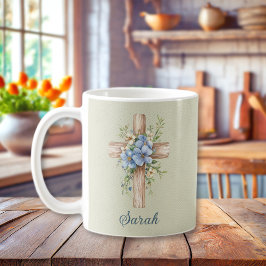Personalisiertes blaues Blumenkreuz Kaffeetasse