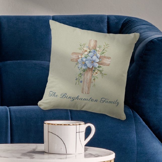 Personalisiertes blaues Blumenkreuz Kissen (Watercolor Blue Floral Cross Personalized Throw Pillow
)
