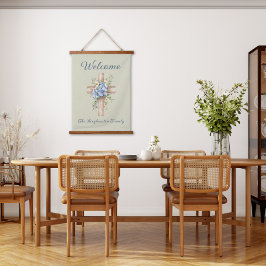 Personalisiertes blaues Blumenkreuz Wandteppich Mit Holzrahmen