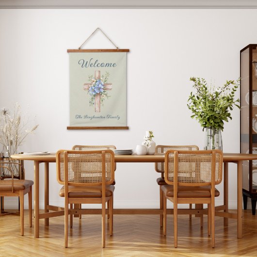 Personalisiertes blaues Blumenkreuz Wandteppich Mit Holzrahmen