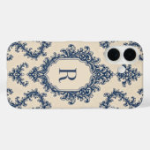 Personalisiertes blaues Damast-Monogramm Case-Mate iPhone Hülle (Rückseite (Horizontal))