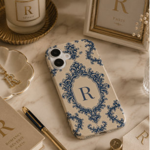 Personalisiertes blaues Damast-Monogramm iPhone 16 Hülle
