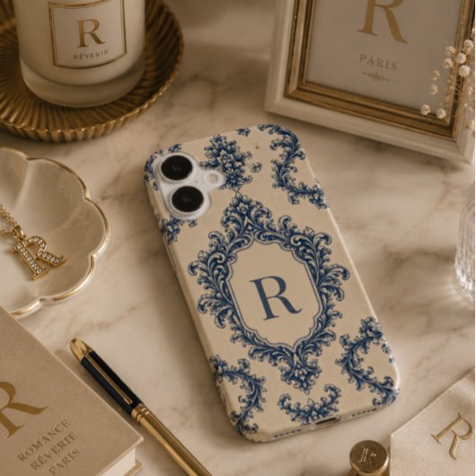 Personalisiertes blaues Damast-Monogramm Case-Mate iPhone Hülle