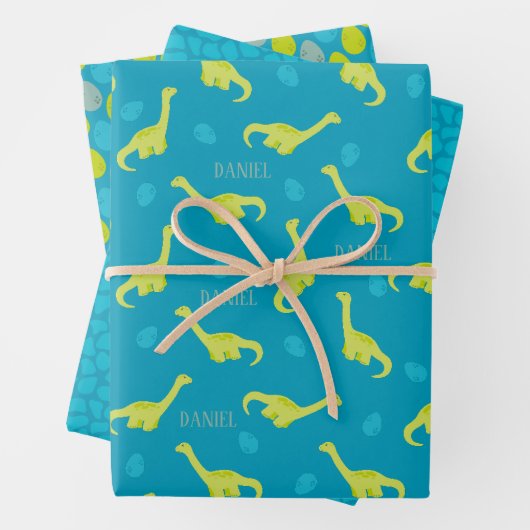 Personalisiertes Blaues Dinosaurier-Muster Geschenkpapier Set (Beispiel)