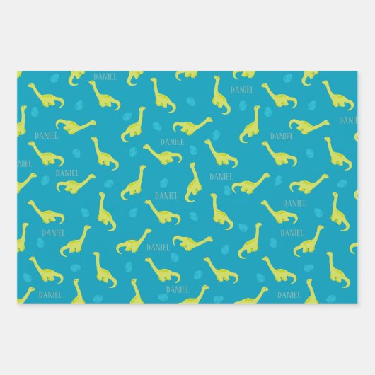 Personalisiertes Blaues Dinosaurier-Muster Geschenkpapier Set (Vorderseite)