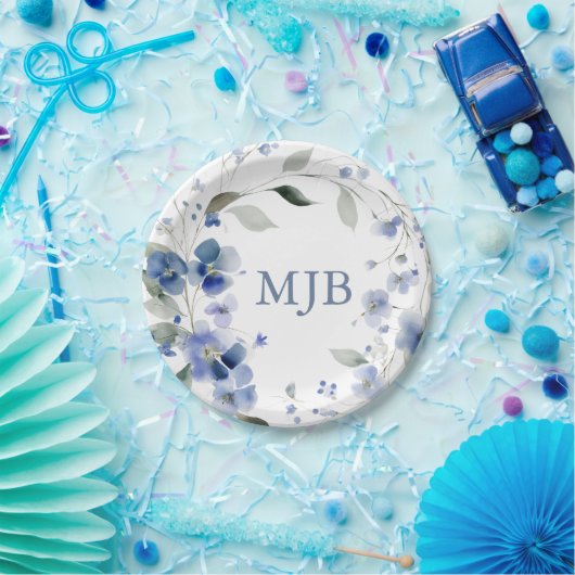 Personalisiertes Blaues Elegantes Florales Monogra Pappteller (Party)