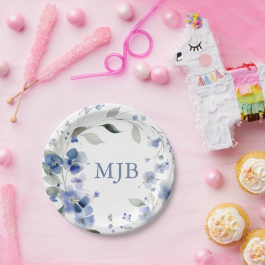 Personalisiertes Blaues Elegantes Florales Monogra Pappteller (Party)