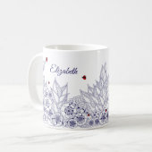 Personalisiertes blaues Folk Kunst Botanische Tass Kaffeetasse (Vorderseite Links)
