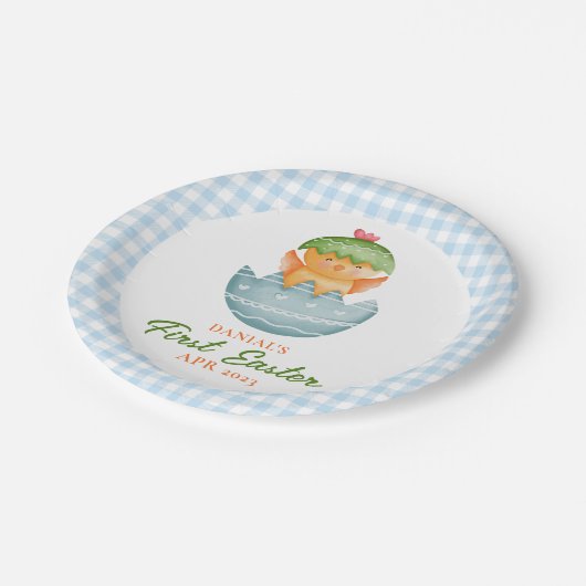 Personalisiertes Blaues Kariertes Kicheeier Mein e Pappteller (Schrägansicht)