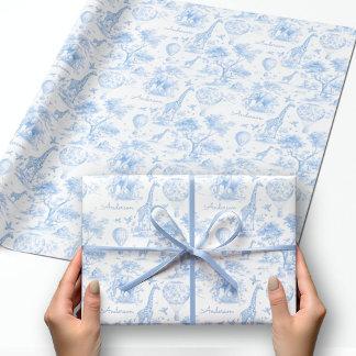 Personalisiertes blaues Toile-Safari-Baby-Shower-G Geschenkpapier