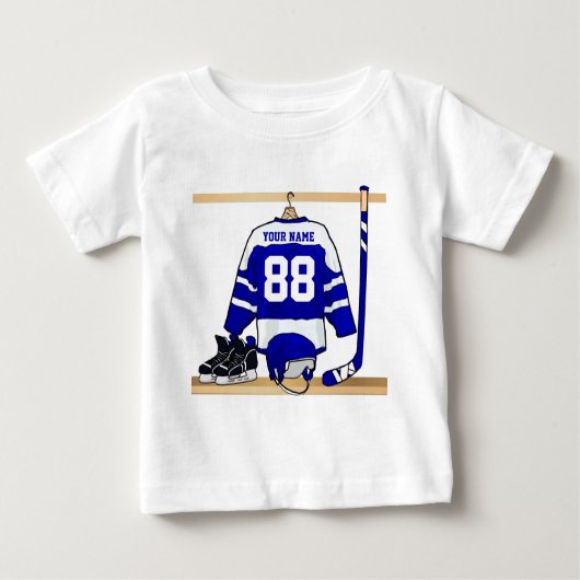 Personalisiertes blaues und weißes Eis-Hockey Baby T-shirt (Vorderseite)