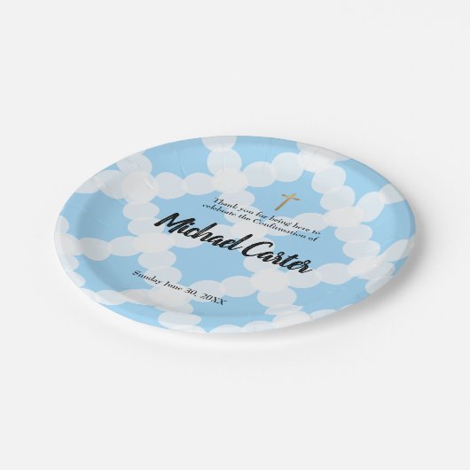 Personalisiertes blaues Weiß u. Pappteller (Schrägansicht)