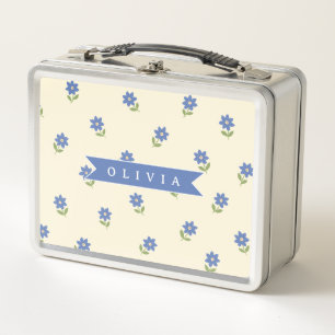 Personalisiertes blaues Wildblumen-Muster Namensge Metall Brotdose
