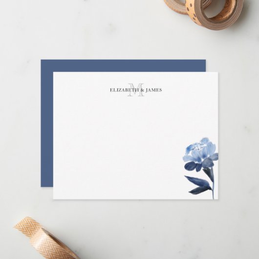 Personalisiertes Blue Floral Initial Monogram Mitteilungskarte (Vorderseite/Rückseite Beispiel)
