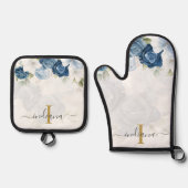 Personalisiertes Blue Floral Monogram Script Ofenhandschuh & Topflappen-Set (Vorderseite)