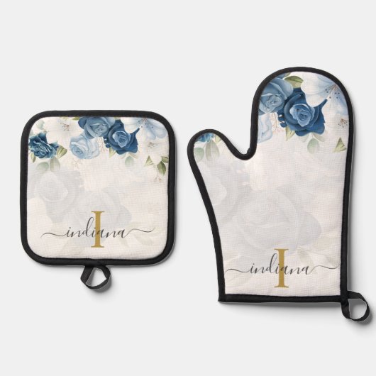 Personalisiertes Blue Floral Monogram Script Ofenhandschuh & Topflappen-Set (Vorderseite)