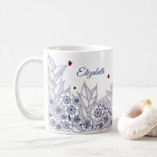 Personalisiertes Blue Folk Kunst Botanische Tasse