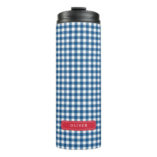 Personalisiertes Blue Gingham Monogramm Thermosbecher