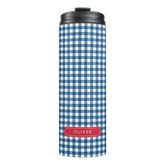 Personalisiertes Blue Gingham Monogramm Thermosbecher (Vorderseite)