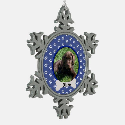 Personalisiertes Blue Paw Print Dog Puppy-Knochen- Schneeflocken Zinn-Ornament (Links)