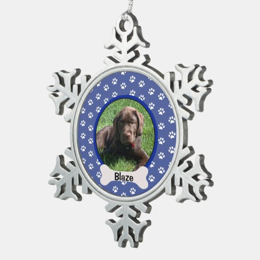 Personalisiertes Blue Paw Print Dog Puppy-Knochen- Schneeflocken Zinn-Ornament (Rechts)