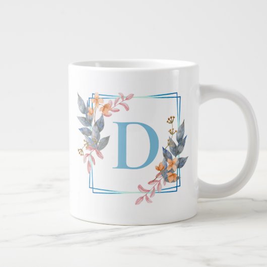 Personalisiertes Blue Square Blumen Border Monogra Jumbo-Tasse (Rechts)