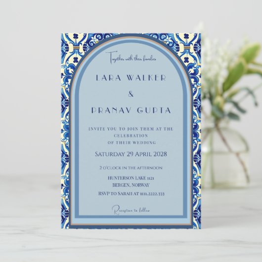 Personalisiertes Blue Tile Einladung (Stehend Vorderseite)