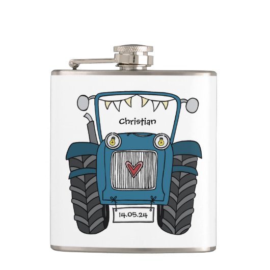 Personalisiertes Blue Tractor Country Wedding-Gesc Flachmann (Vorderseite)