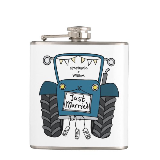 Personalisiertes Blue Tractor Country Wedding-Gesc Flachmann (Vorderseite)