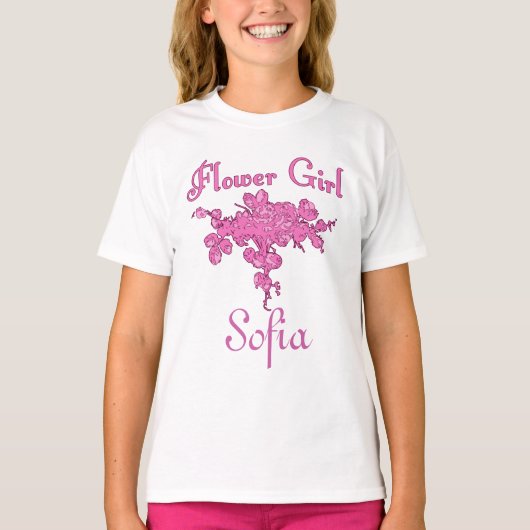 Personalisiertes BLUMEN-MÄDCHEN mit großem rosa T-Shirt (Vorderseite)