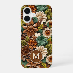 Personalisiertes Blumenholz-Monogramm iPhone 16 Hülle