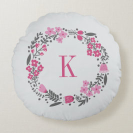 Personalisiertes Blumenwreath-Monogramm-Rosa-Grau Rundes Kissen