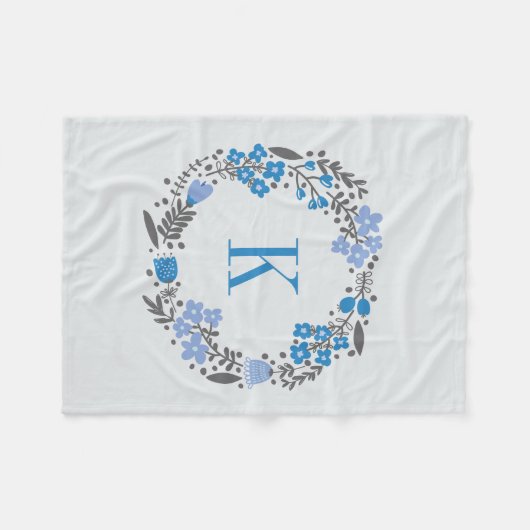 Personalisiertes Blumenwreath-u. Monogramm-blaues Fleecedecke (Vorderseite (Horizontal))
