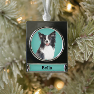 Personalisiertes Border Collie-Hundeporträt Banner-Ornament Silber