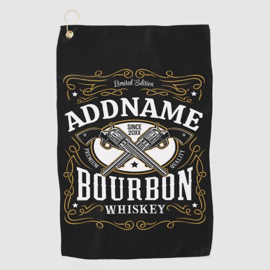 Personalisiertes Bourbon Vintag Guns Whiskey-Label Golfhandtuch (Vorderseite)
