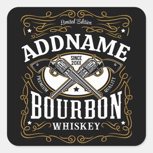 Personalisiertes Bourbon Vintag Guns Whiskey-Label Quadratischer Aufkleber (Vorderseite)