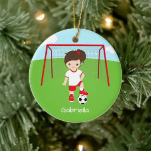 Personalisiertes Braun-Haar-Fußballmädchen Weihn Keramik Ornament