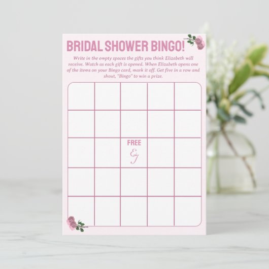 Personalisiertes Brautparty Bingo Game Hinweiskarte (Stehend Vorderseite)