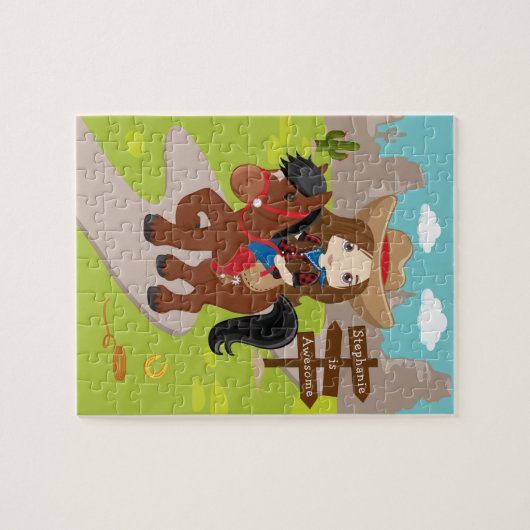 Personalisiertes Brünettes Cowgirl Jigsaw Puzzle (Horizontal)