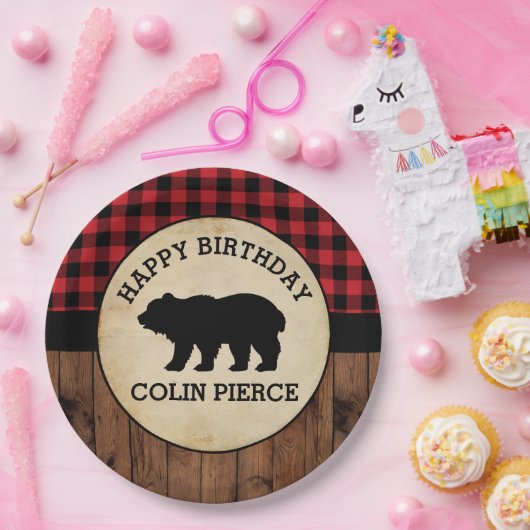 Personalisiertes Buffalo Kariert Bear Lumberjack P Pappteller (Party)