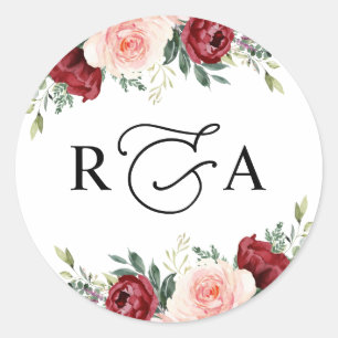 Personalisiertes Bugundy Blush Floral Monogramm Runder Aufkleber