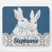 Personalisiertes Bunny Rabbit Blau und Weiße Spitz Mousepad (Vorne)