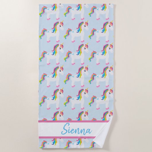 Personalisiertes buntes Regenbogenunicorn-Badetuch Strandtuch (Vorderseite)