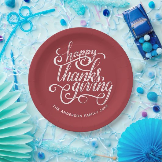 Personalisiertes Burgundy Script Happy Thanksgivin Pappteller (Party)